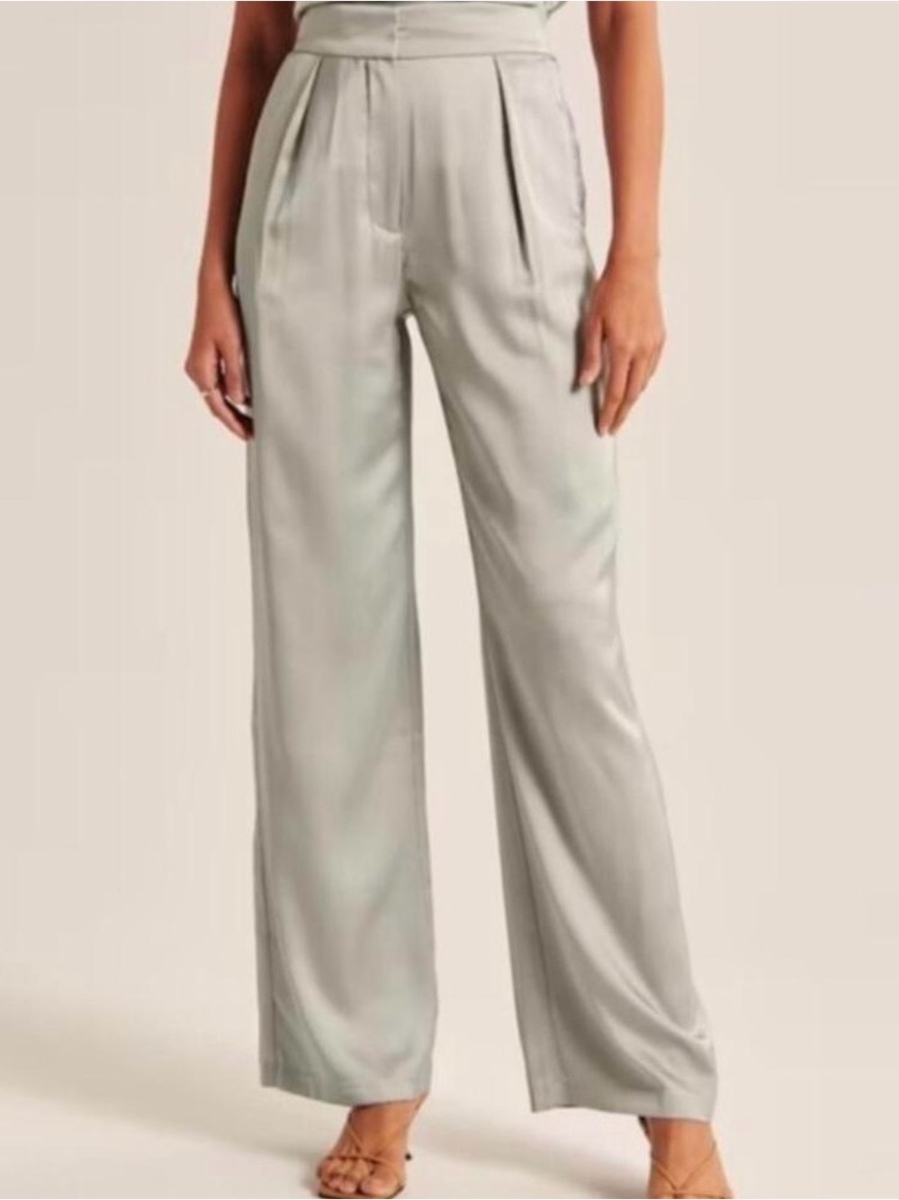 Abercrombie & Fitch High-Waist Wide-Leg Satin Trousers in Light Sage